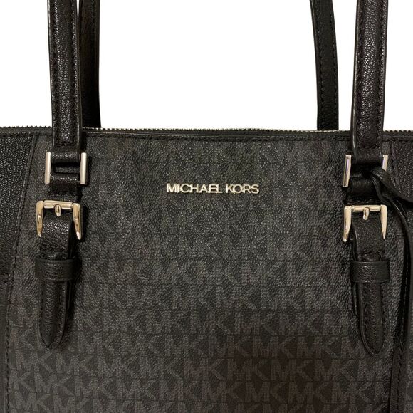 Michael Kors Charlotte Large Tote Gray Monogram and Black Leather - Picture 11 of 13